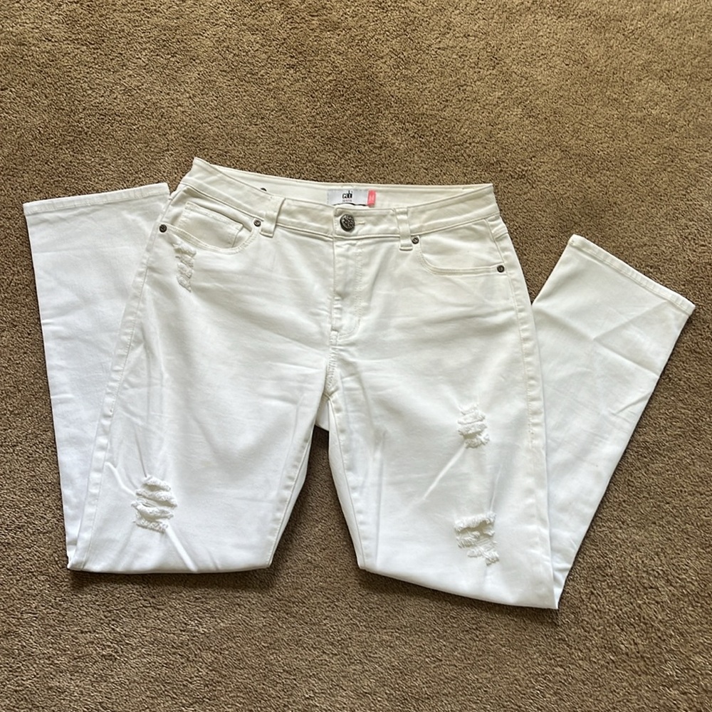 White high-rise, CAbi distressed women’s jeans, size 12
